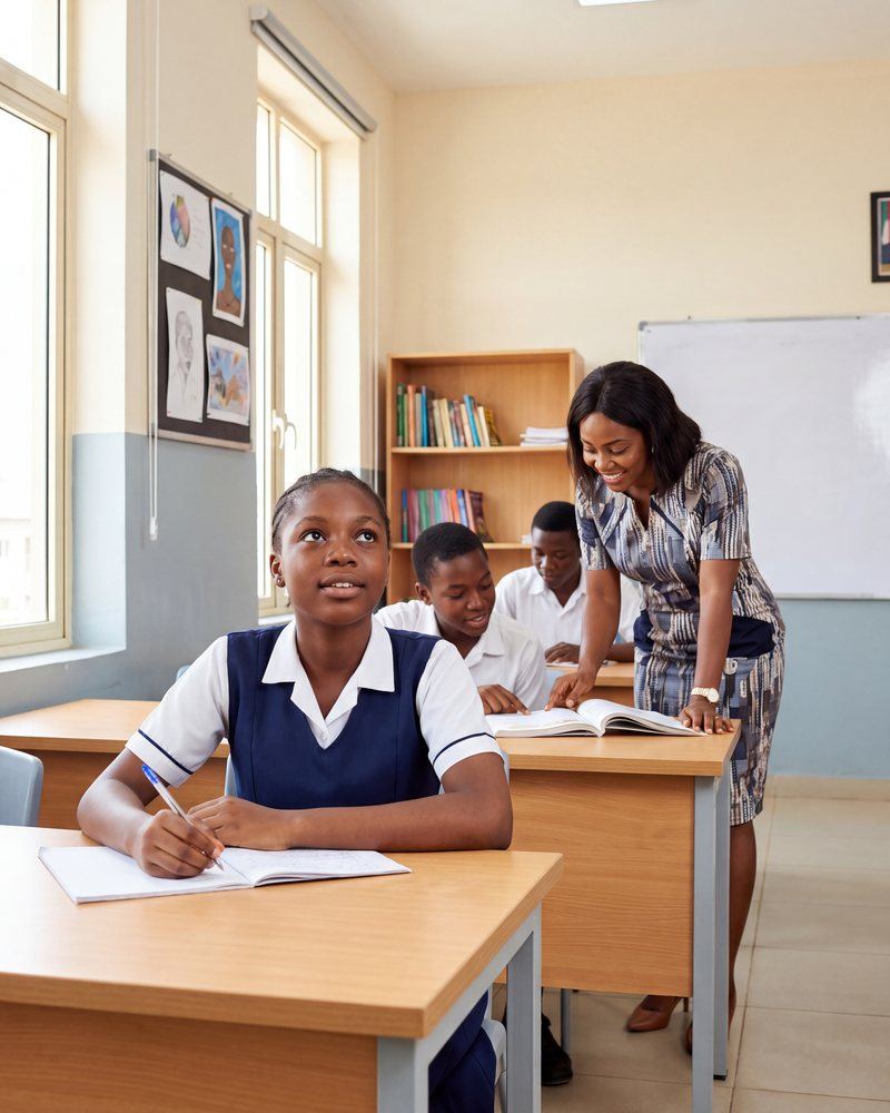 Students at their desks in a classroom with a teacher helping one of them
