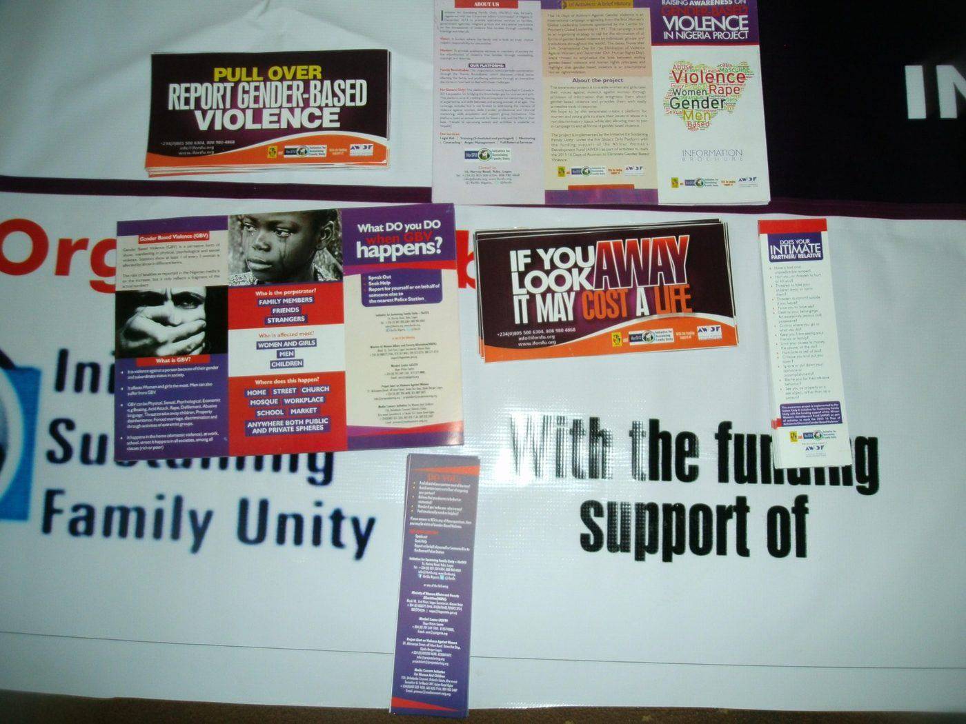 IEC materials produced for the 16 Days of Activism campaign, 2015: leaflets, bookmarks, wristbands, and car stickers.