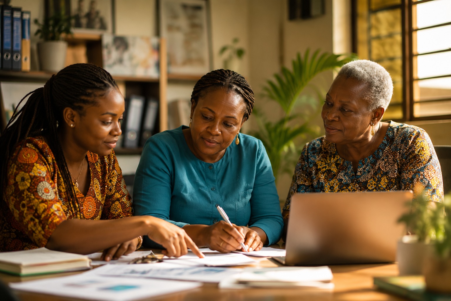 Three women working together during a Sheerah Verenda mentoring session