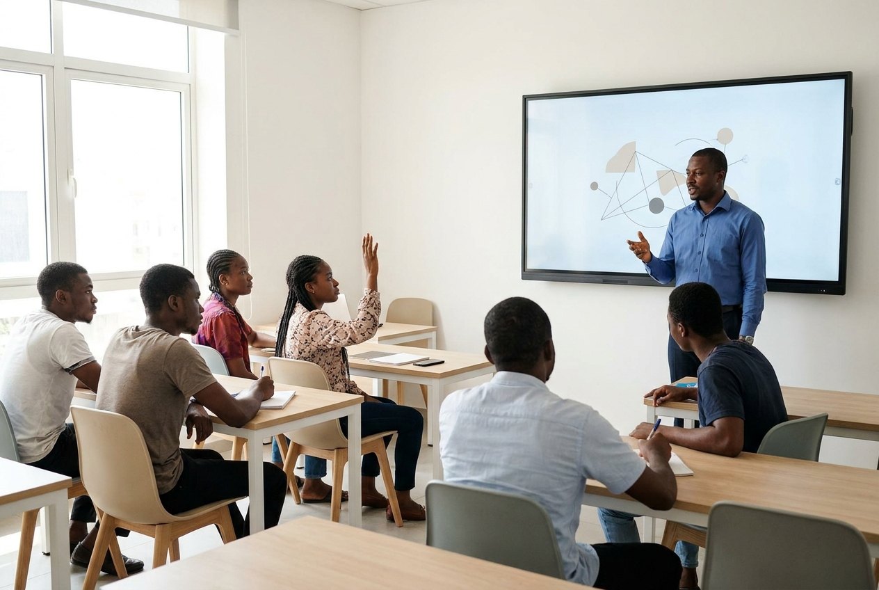 A facilitator leading an information session for young adults in a seminar room, one participant raising a hand