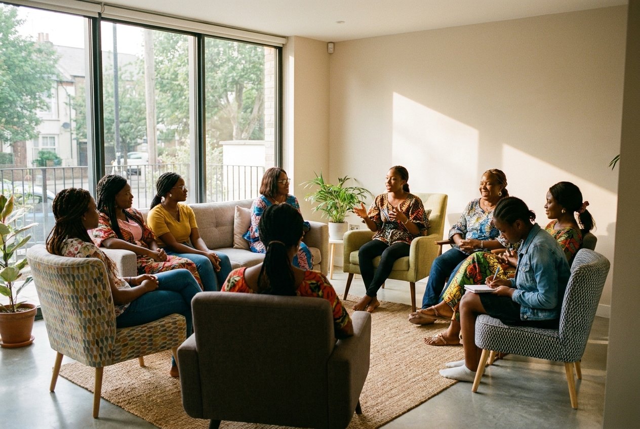 A circle of women and teenage girls in discussion, one speaking while the others listen