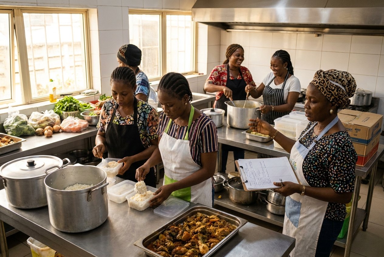 Five women working together in a shared commercial kitchen, portioning food and checking an order sheet