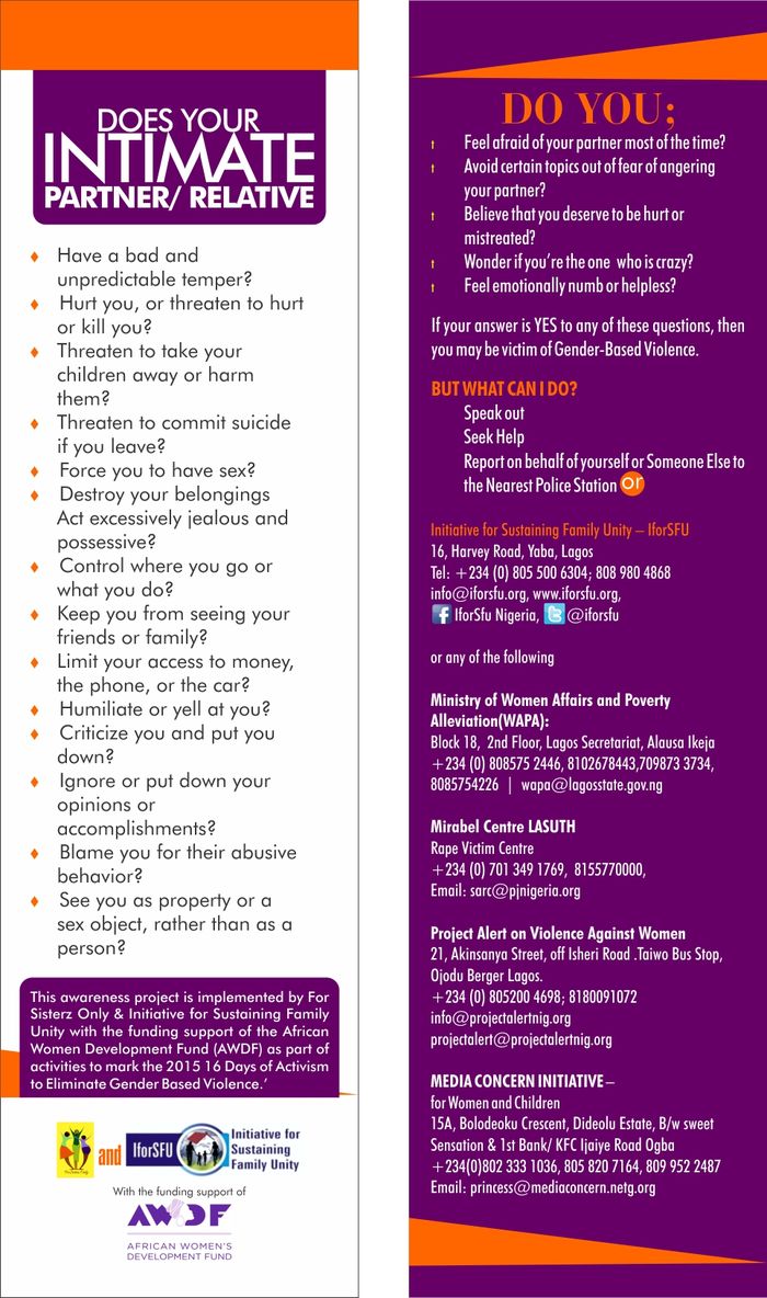 The screening leaflet, a list of questions helping a reader recognise abuse in their own relationship, with referral contacts