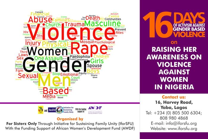 The 16 Days of Activism poster, a word cloud in the shape of Nigeria naming the forms gender-based violence takes