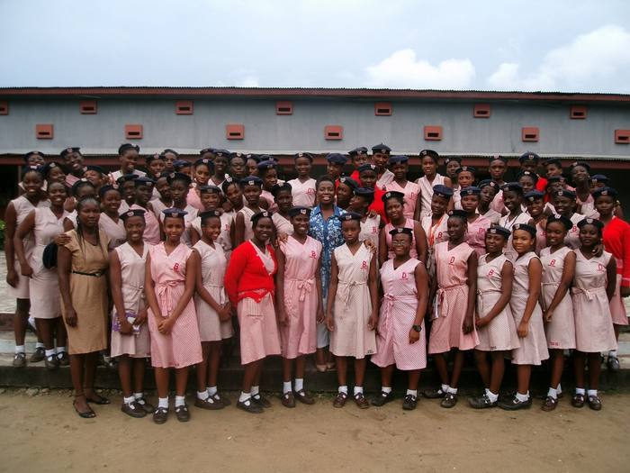 Students assembled in the school grounds before a session